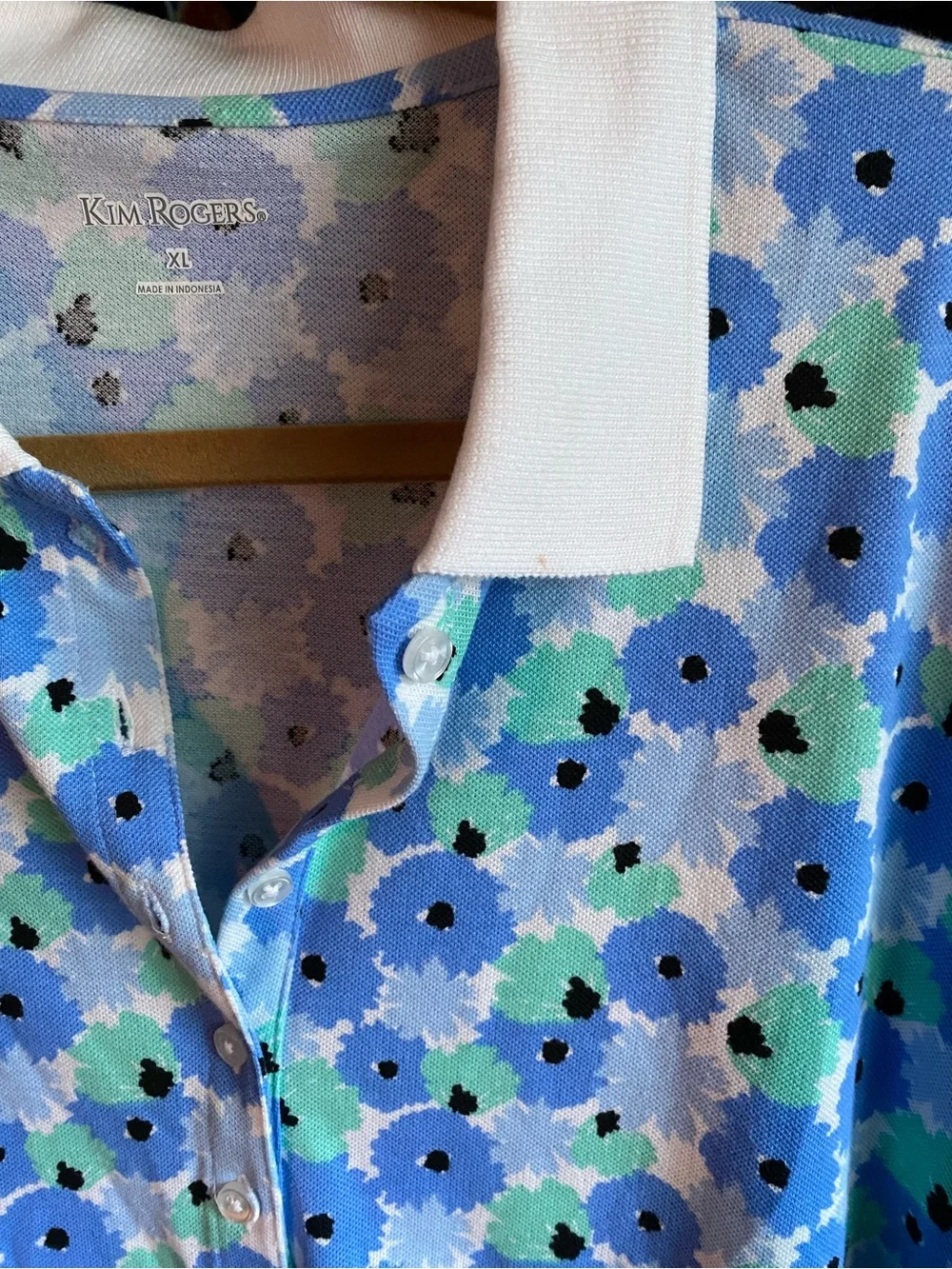 Kim Rogers Polo Shirt Blue/Green Floral Print with White Collar XL New With Tag